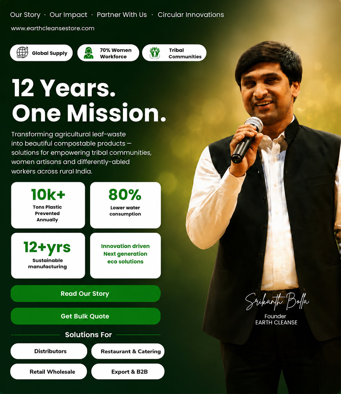 A promotional banner for Earth Cleanse, featuring a smiling man holding a microphone on the right side against a blurred green background. The left side contains text highlighting '12 Years.