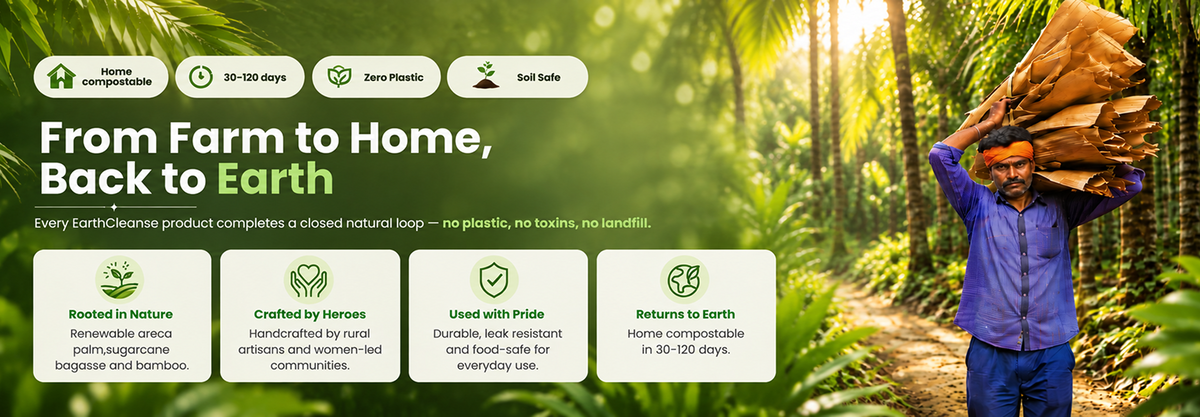 Promotional banner for EarthCleanse products with text reading 'From Farm to Home, Back to Earth' and several feature callouts, alongside a man carrying a bundle of brown paper bags through a lush green forest path.