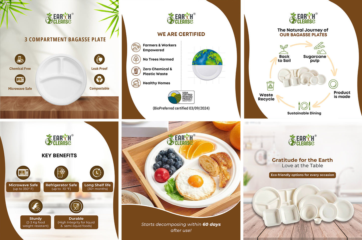 10" 3CP Compostable Sugar cane Bagasse Round Plates