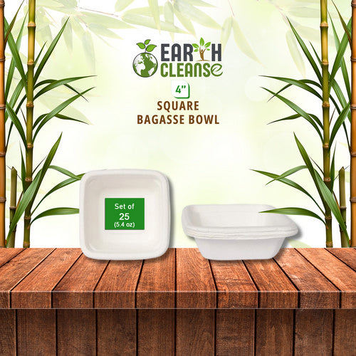 Bagasse 4-Inch Square Bowls Pack of 25 (5.4 Oz) by Earth Cleanse