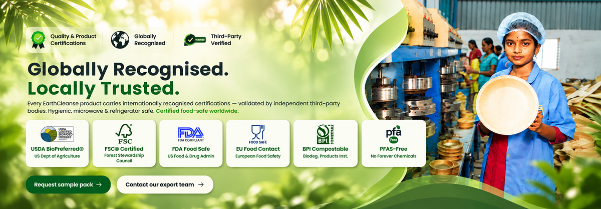 A promotional banner for a food processing machine, featuring a large white mixing bowl held by a worker in a blue uniform on the right, with a background of a factory and workers. The left side contains certification logos, text reading 'Globally Recognised.