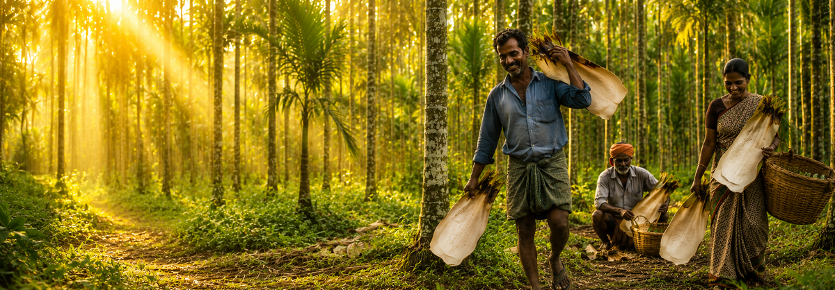 Workers collecting fallen leaves in a forest for sustainable natural products