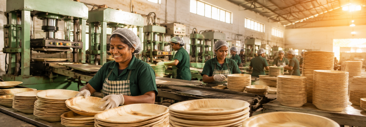 Workers in a traditional manufacturing factory making round flatbread or plates, with stacks of finished round items on the tables in a large industrial space.