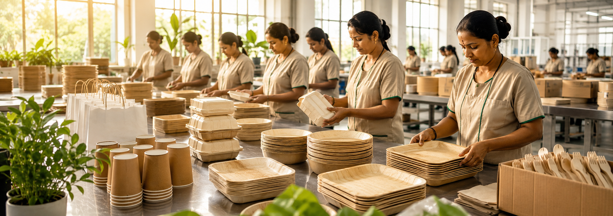 Employees preparing and packing compostable food packaging in a sustainable facility