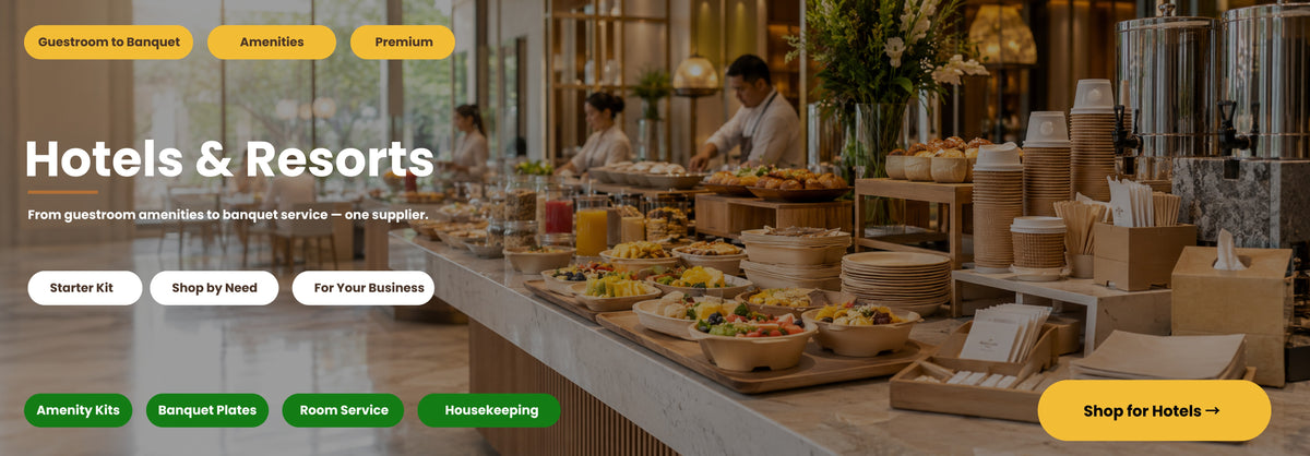 A promotional banner for Hotels & Resorts, featuring a buffet spread in a hotel dining area on the right and white text on the left with service options like Starter Kit, Shop by Need, and For Your Business.