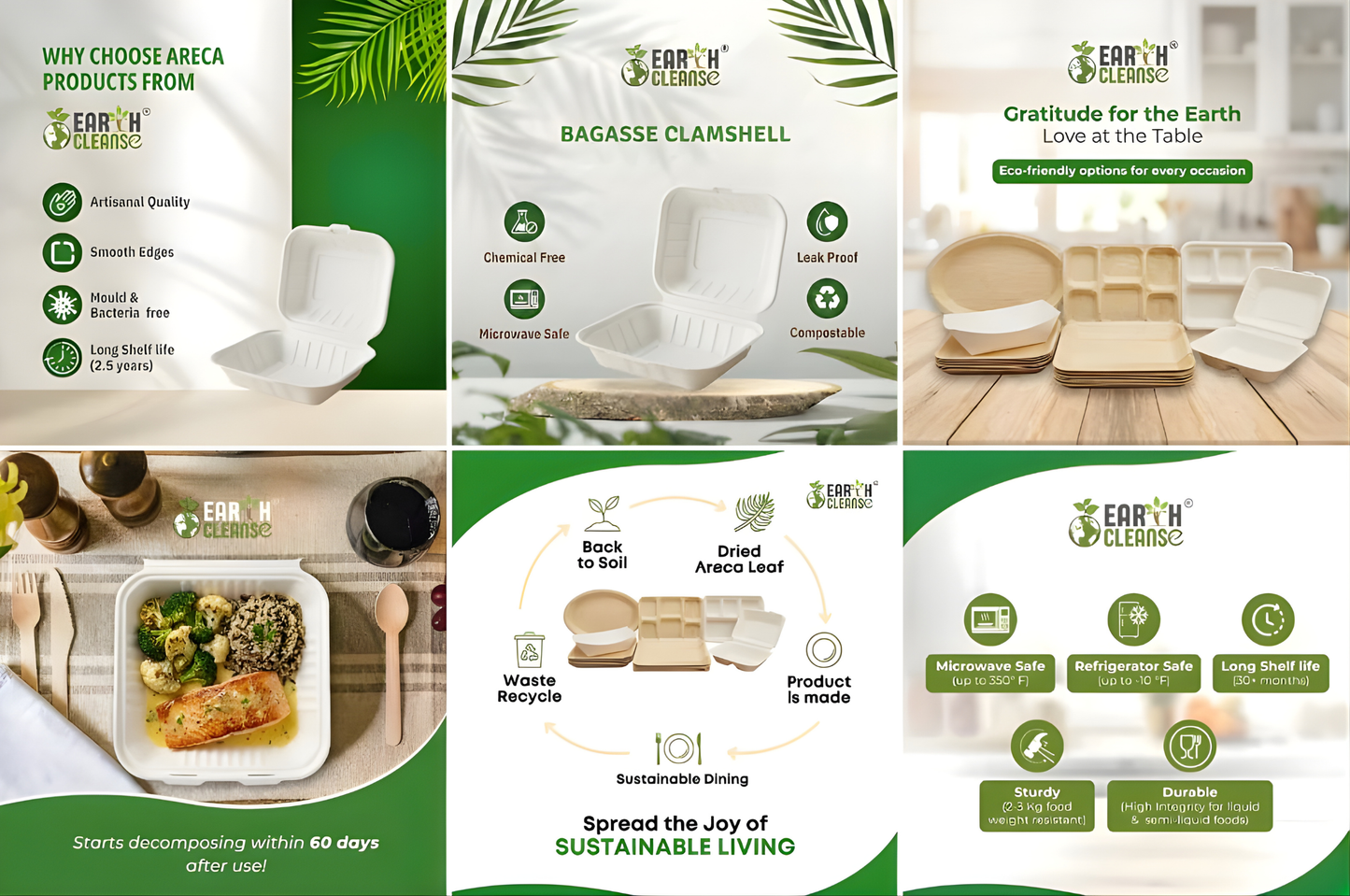 8*8 Compostable Sugarcane Bagasse Clamshells