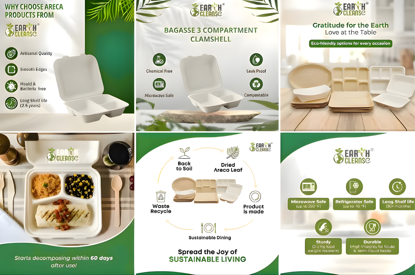 9*9 Compostable Sugarcane Bagasse 3 Compartment Clamshells