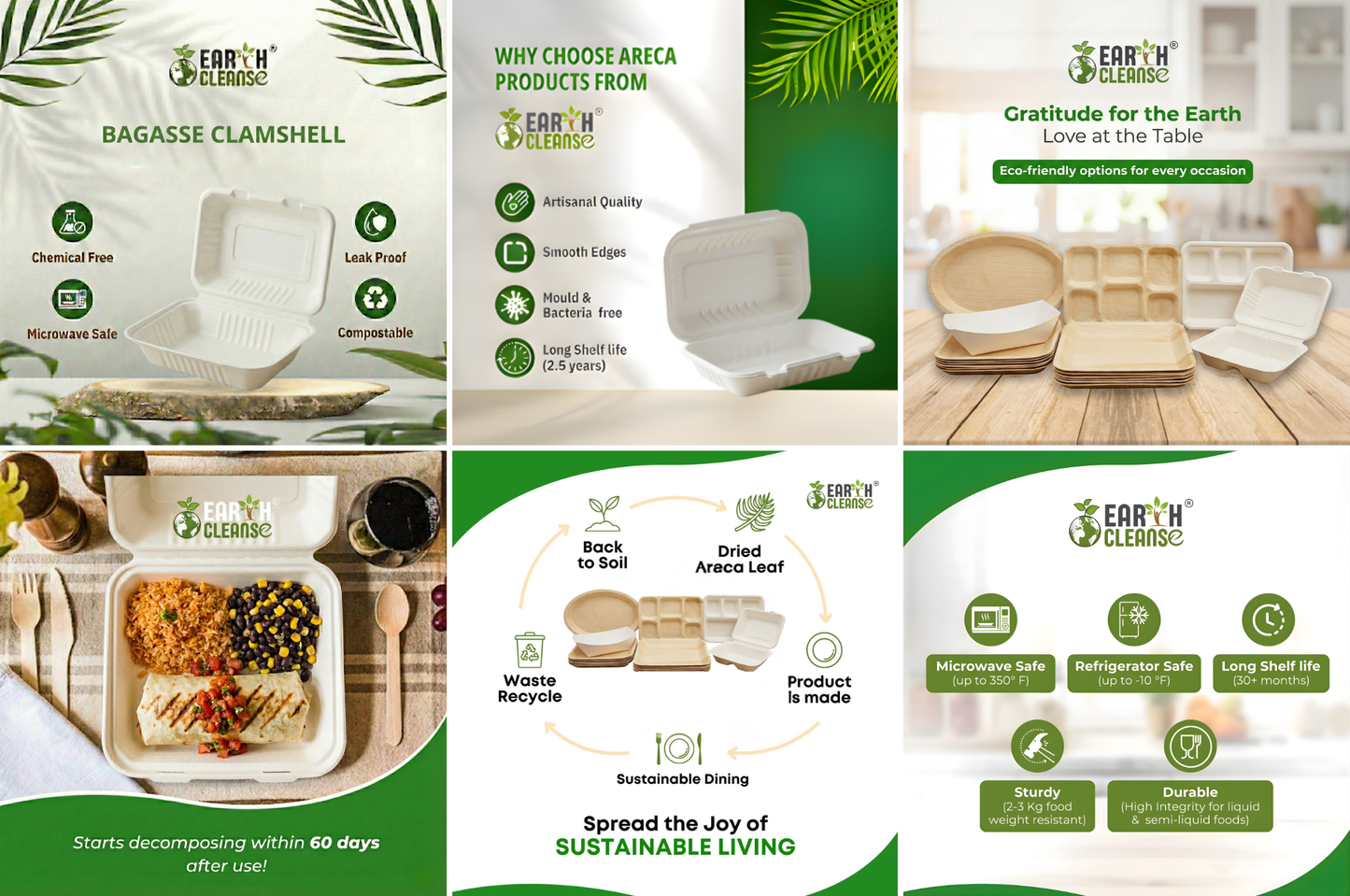 9*6 Compostable Sugarcane Bagasse  CLAMSHELLS