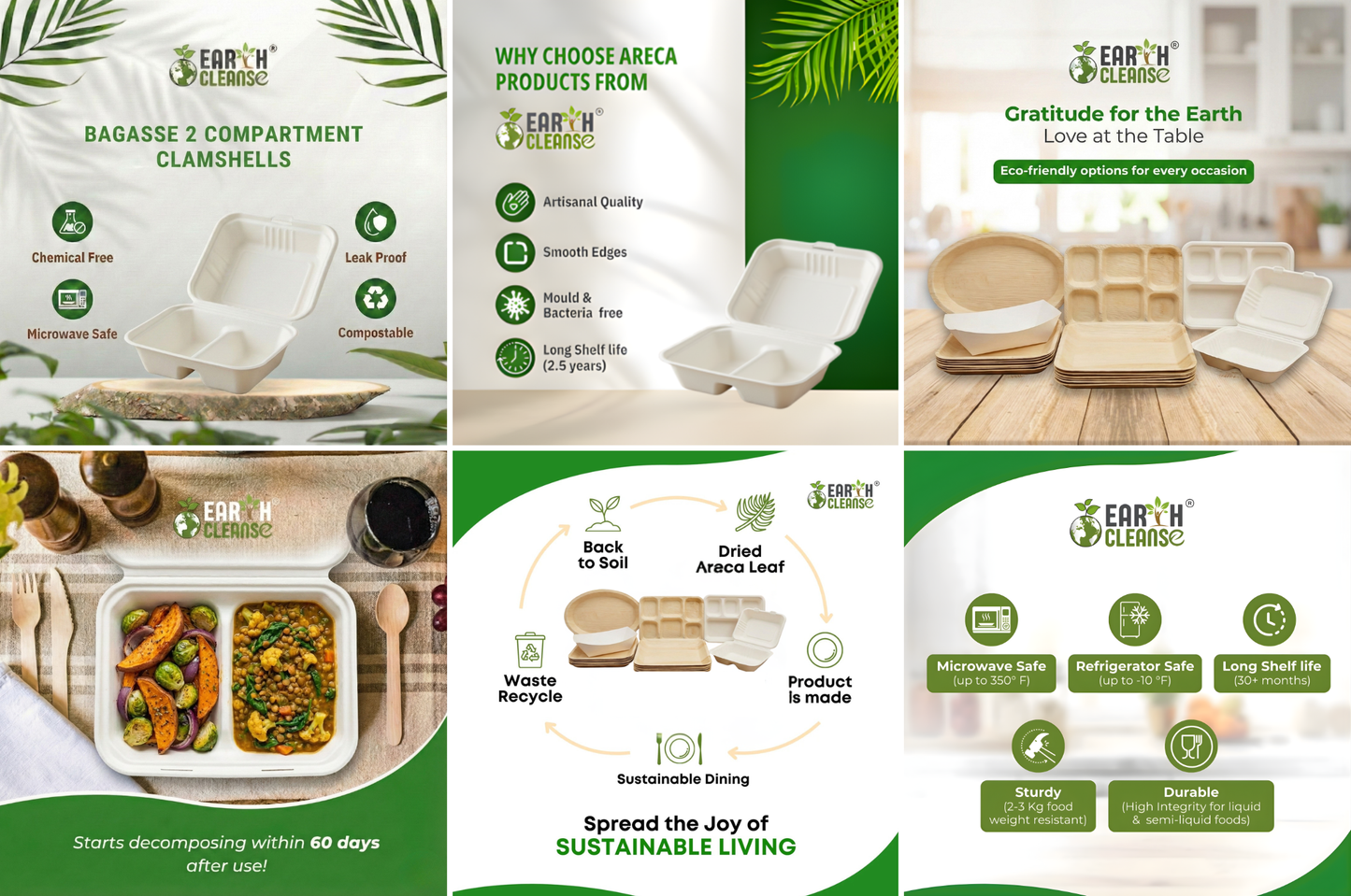 10*6 Compostable Sugarcane Bagasse 2 Compartment Clamshells