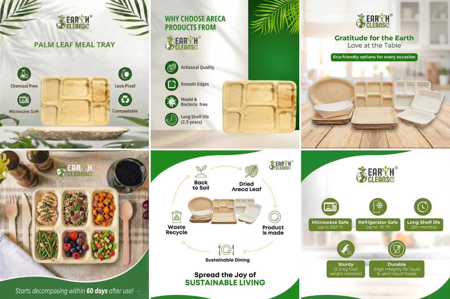 14*10 " 6 Compartment Compostable Palm Leaf Trays