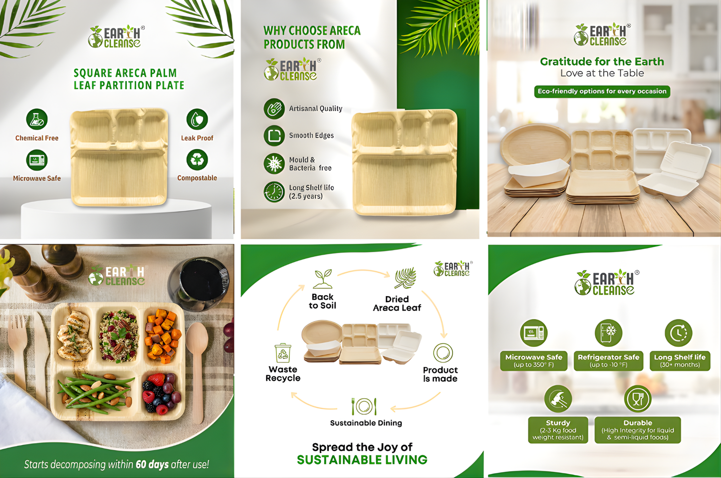 11"square 4 Compartment Compostable Palm Leaf Trays