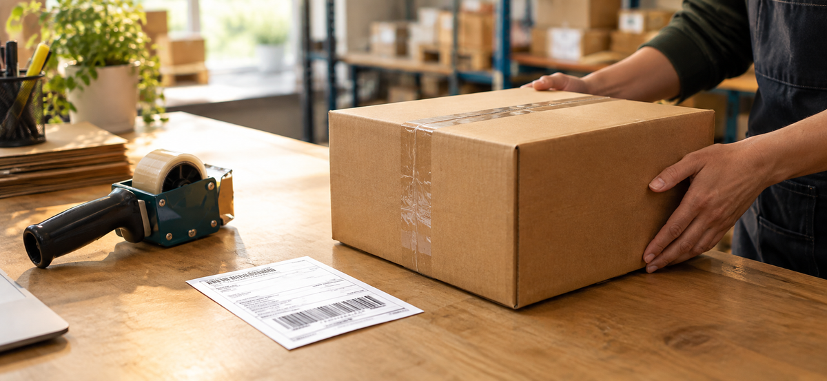 A person wearing an apron seals a brown cardboard shipping box with tape on a wooden table, next to a tape dispenser and a shipping label in a bright warehouse or office setting.