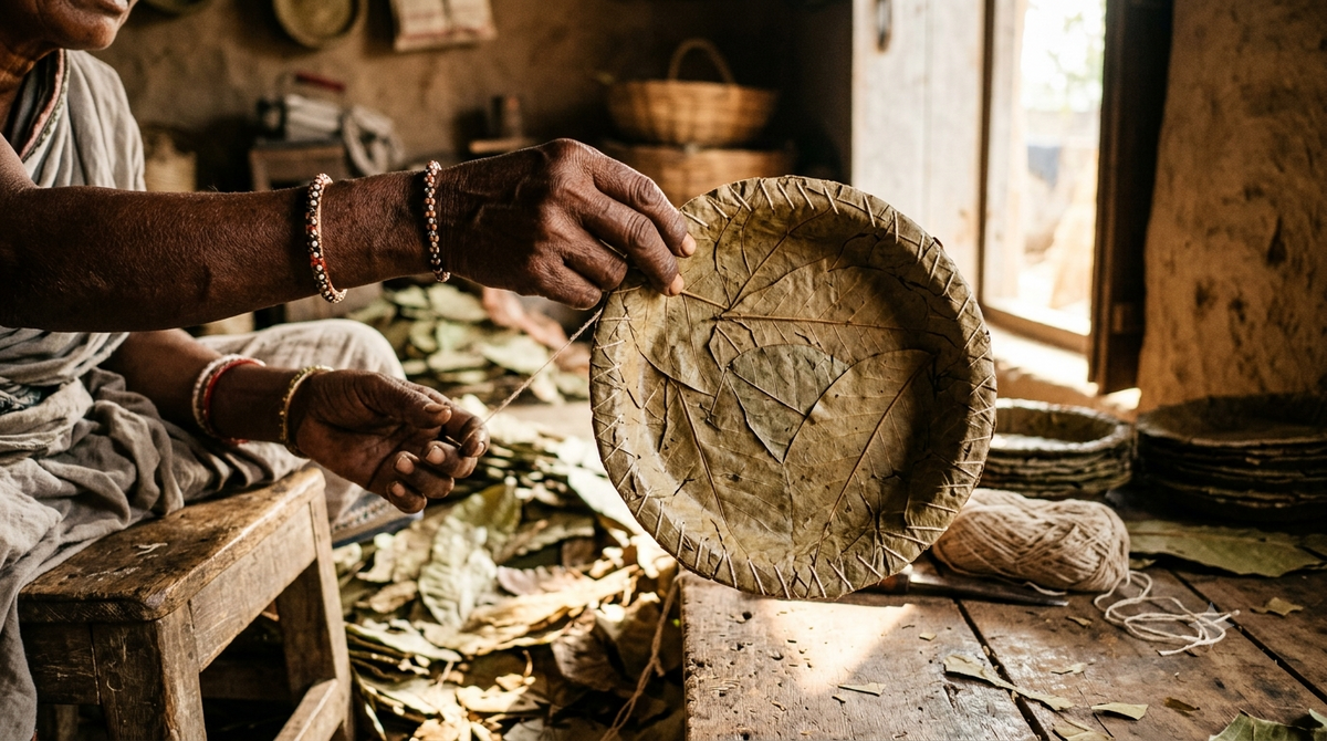 A close-up of a person's hands holding a round, hand-woven leaf tray with leaf patterns, seated in a rustic workshop filled with weaving materials and natural light from a window.