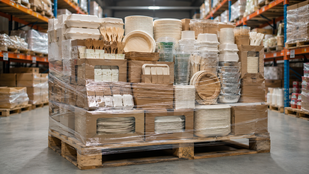 A large pallet stacked with assorted disposable tableware and food service supplies, wrapped in clear plastic, sitting in a warehouse aisle with shelving visible in the background.
