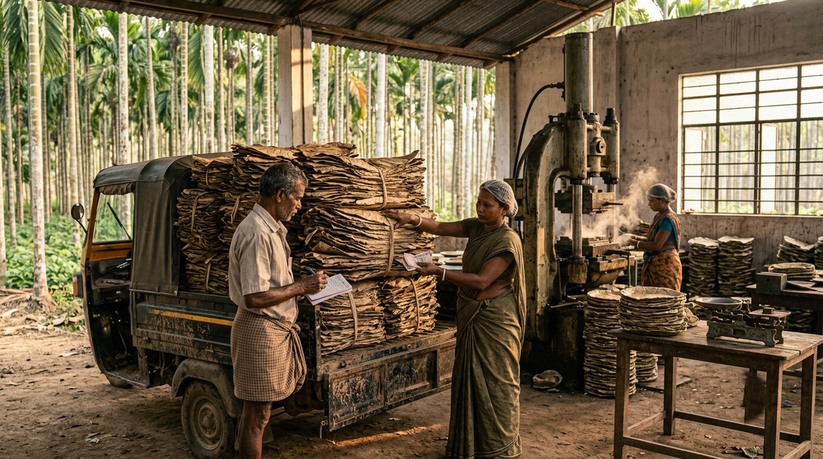 A rural workshop scene with two people standing beside a small truck loaded with stacks of flat, rectangular sheets, while another person works in the background near industrial machinery and more sheets. Tall palm trees are visible outside the open shelter.