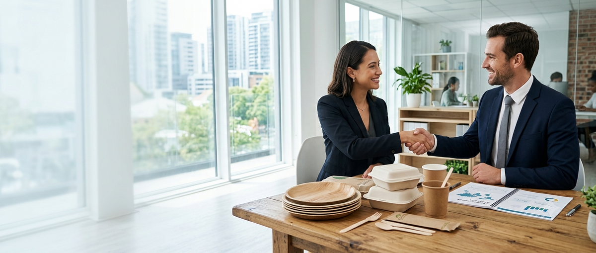A man and a woman in business suits shake hands across a wooden table in a bright modern office, with coffee cups, paper plates, and printed materials on the table.