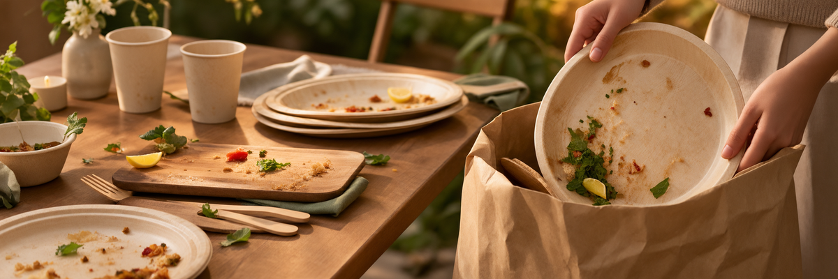 A person holds a dirty paper plate above a brown paper bag on a dining table, with used plates, cups, utensils, and food remnants in a warm, softly lit real environment.