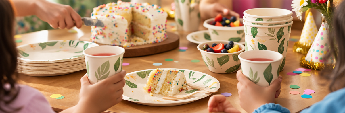 A lifestyle scene of a party table featuring a matching set of paper plates, cups, bowls, and party hats with a green leaf pattern. Children are holding the patterned paper cups, and a cake with sprinkles is being sliced on a wooden table.
