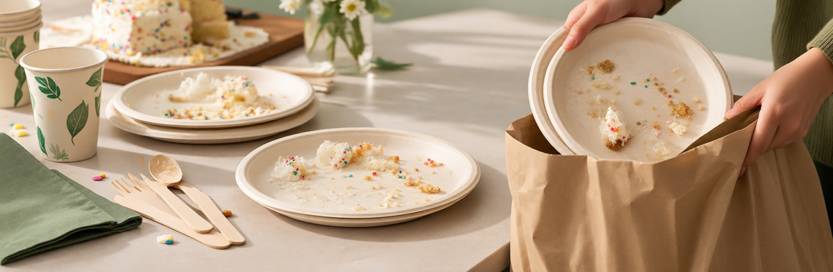 Eco-friendly disposable party tableware set on a light gray table, including paper plates, paper cups with green leaf patterns, wooden utensils, and a brown paper bag being filled with used plates by a person's hands.
