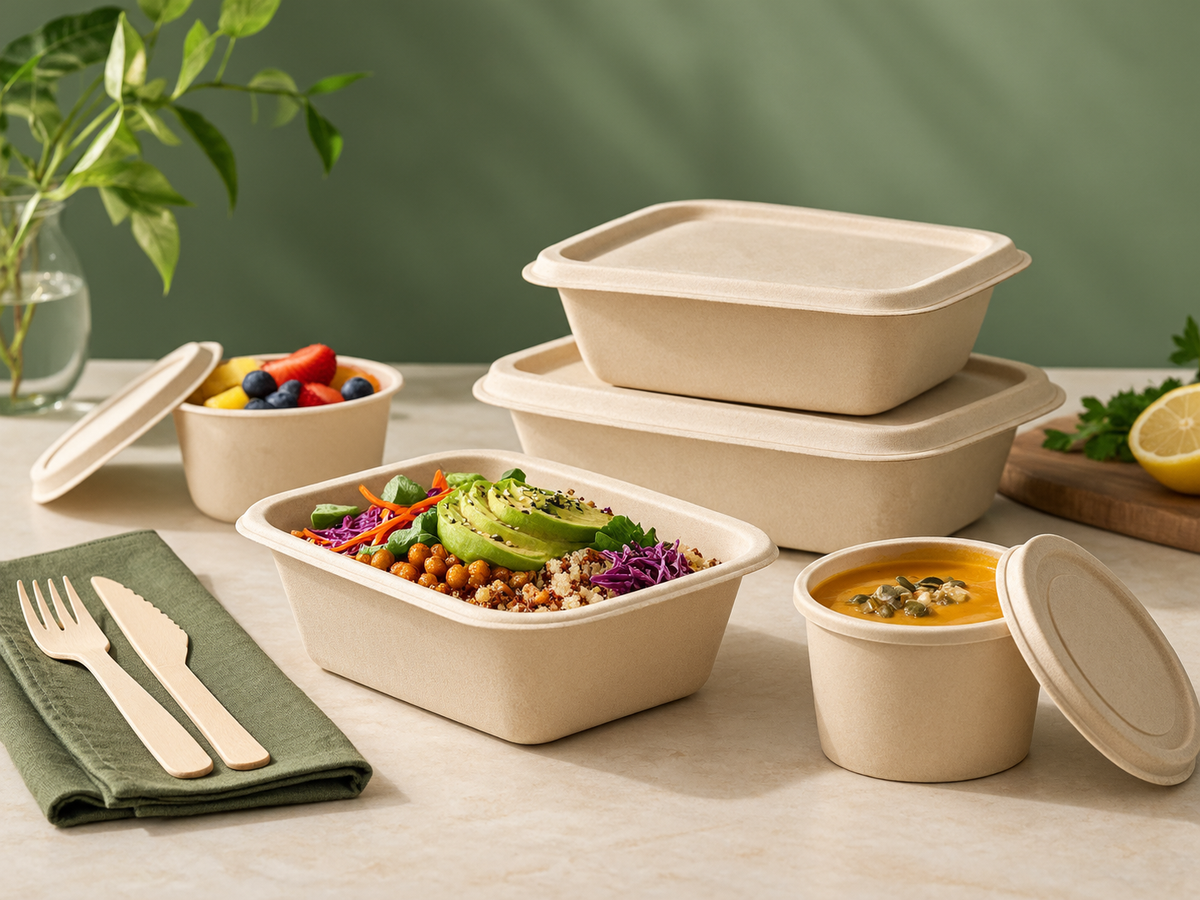 A set of beige biodegradable plastic food storage containers with lids, shown with various prepared foods and wooden utensils on a light beige table against a green wall.